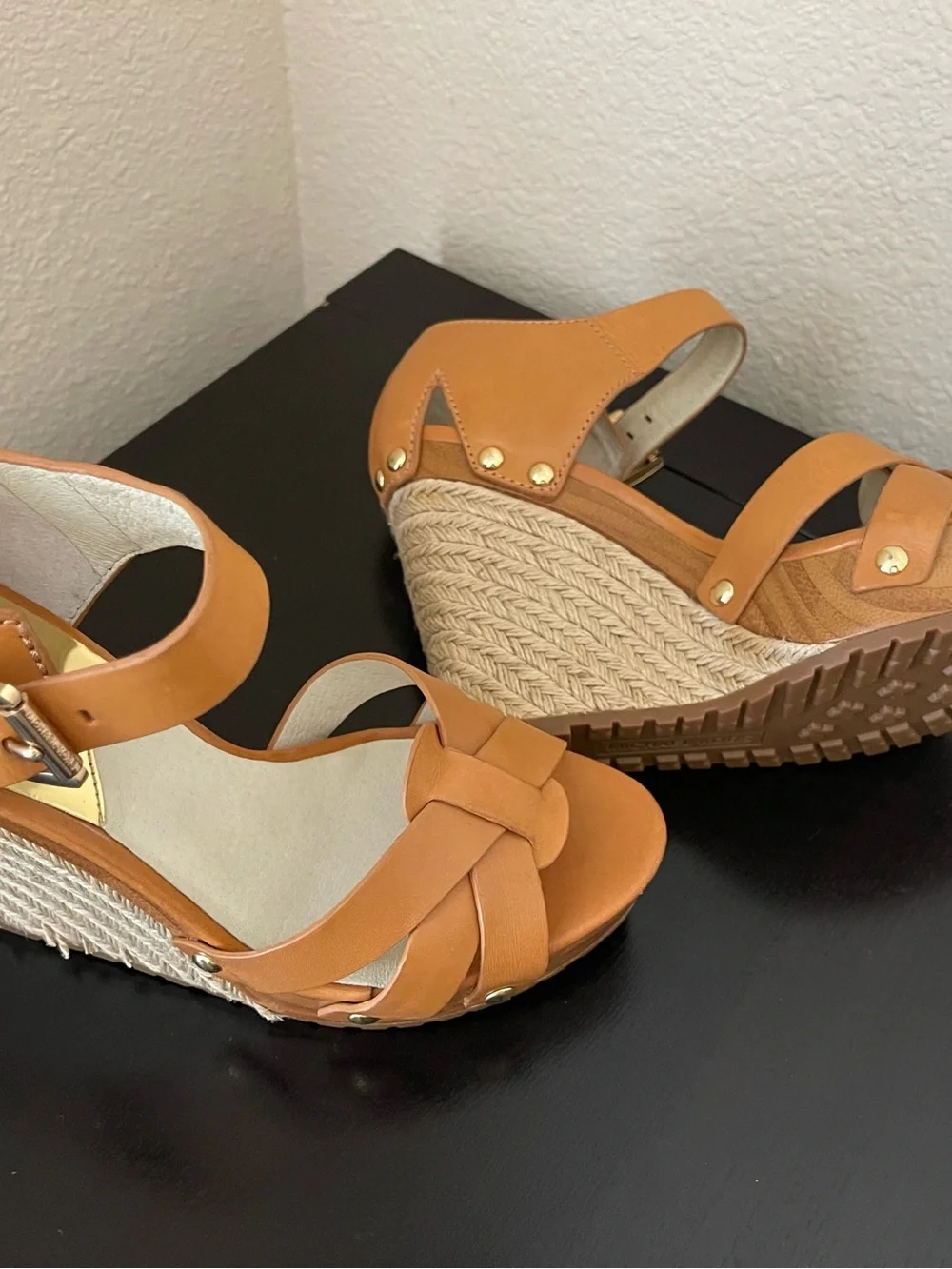 Michael Kors Cognac Leather Wedge Sandals with Ankle Buckle